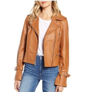 Paige Leather Rayven Biker Jacket in Toffee